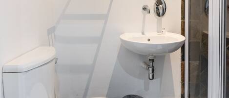 A bathroom with a toilet, sink, and shower area.