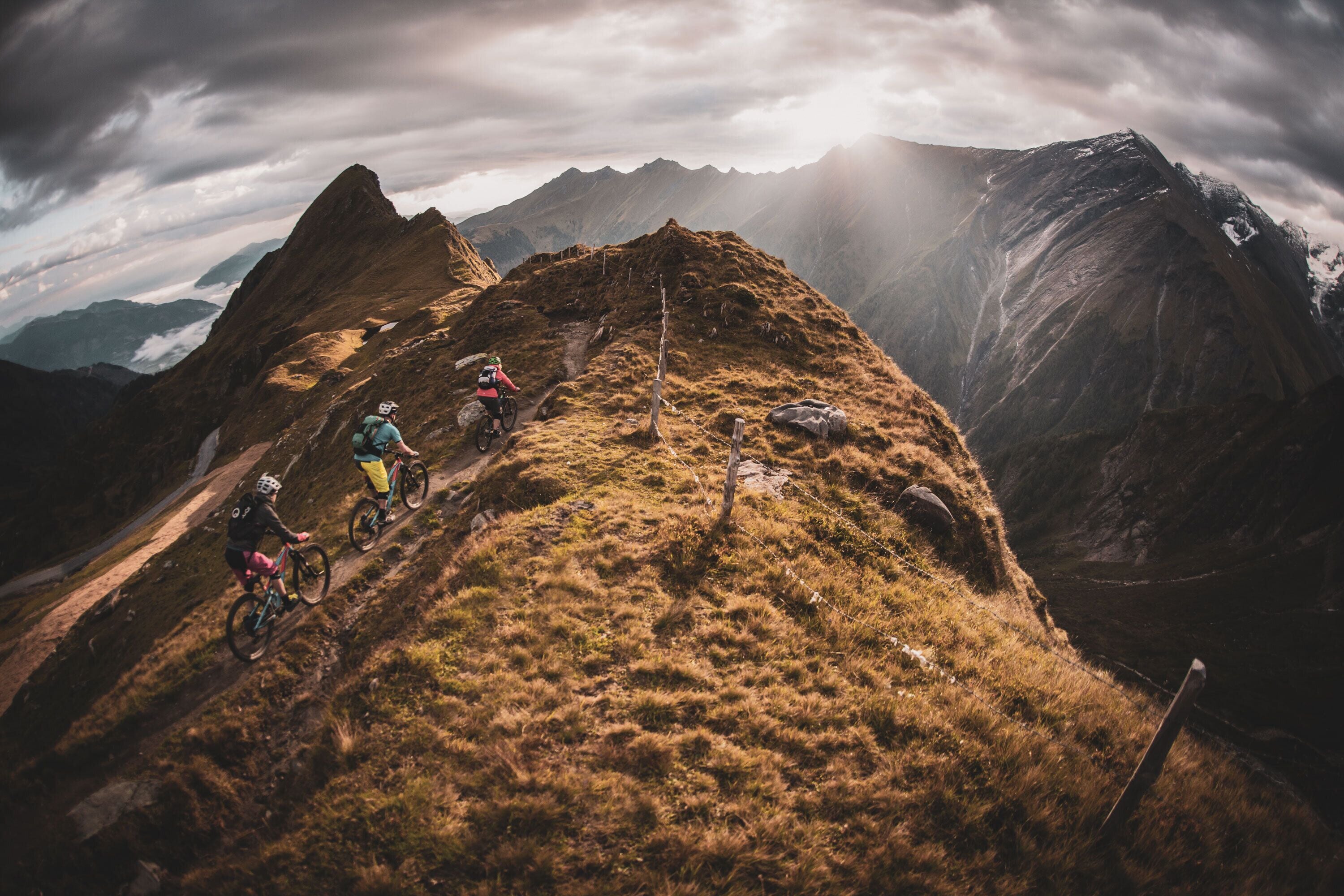 A mountain biking trail with a clear path and rocky terrain.