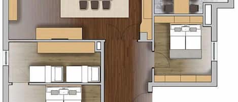 A floor plan with a living area, dining room, kitchen, and a bathroom.
