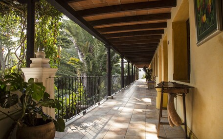 A covered corridor with tiled flooring, potted plants, and a wooden bench.