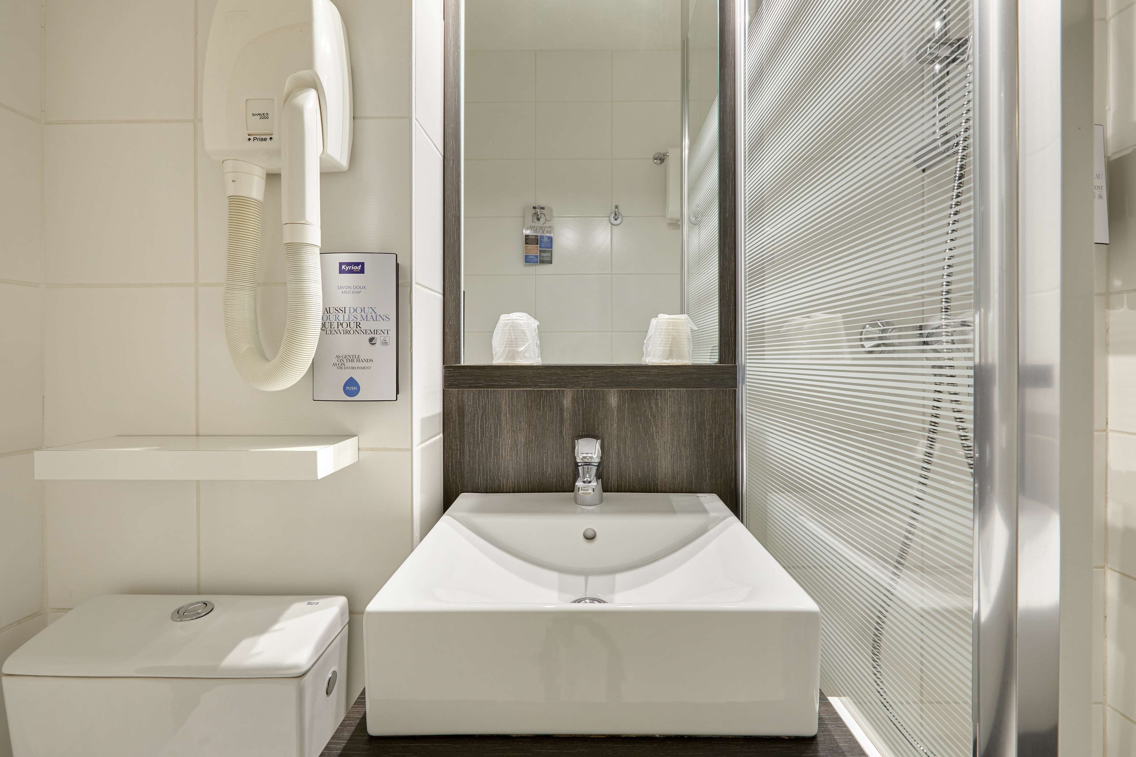 shower, eco-friendly toiletries, hair dryer, towels