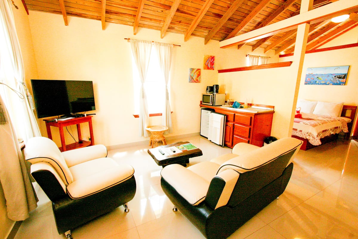 Una sala de estar con sofá, televisión, kitchenette y mesa de comedor.