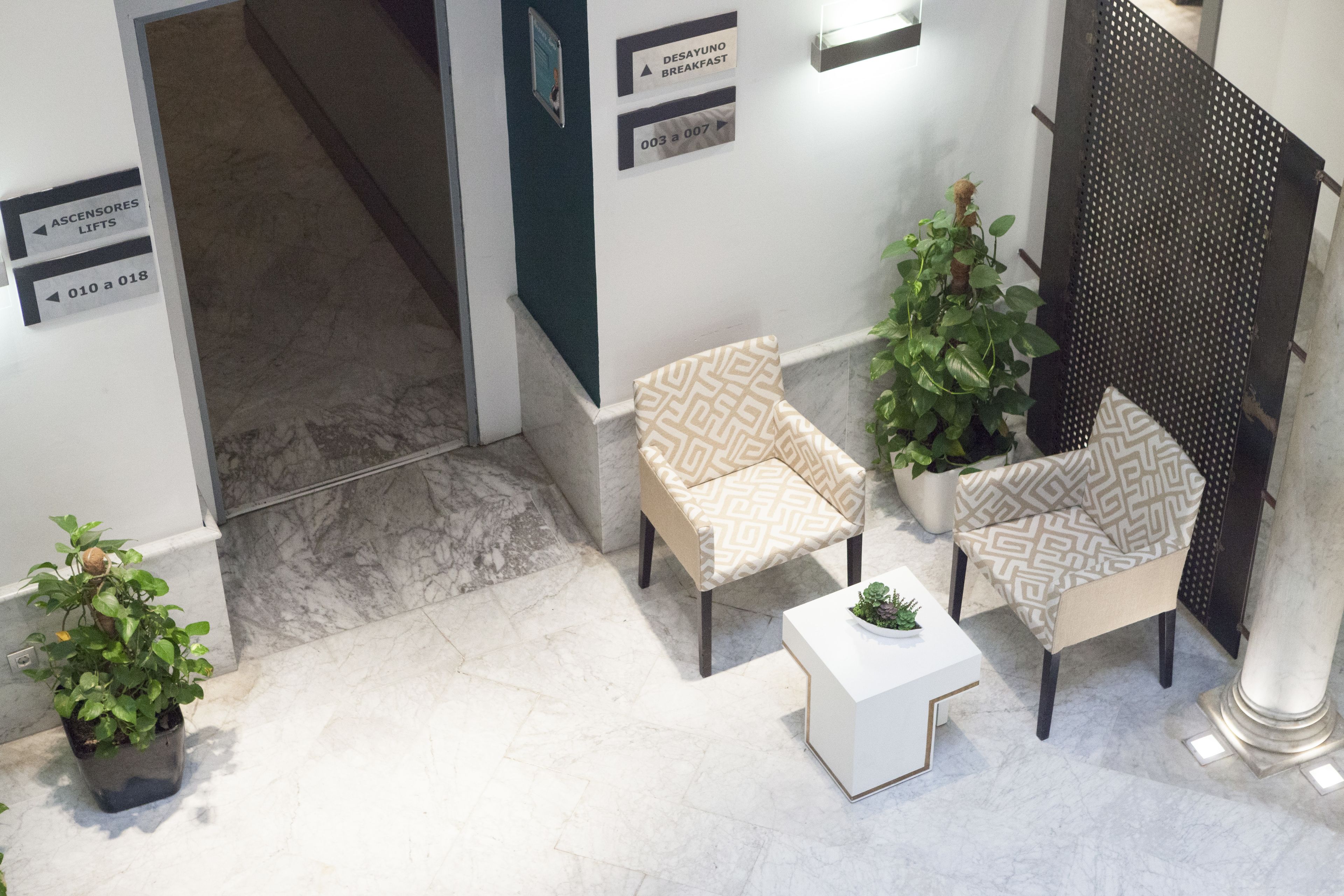 Un área de recepción con piso de mármol, dos sillones estampados, una mesita blanca y una planta en maceta.