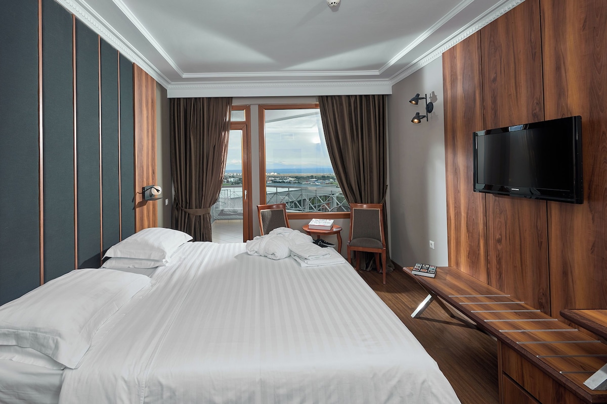 A hotel room with a large bed, a desk, a chair, a TV, and a view of the city.