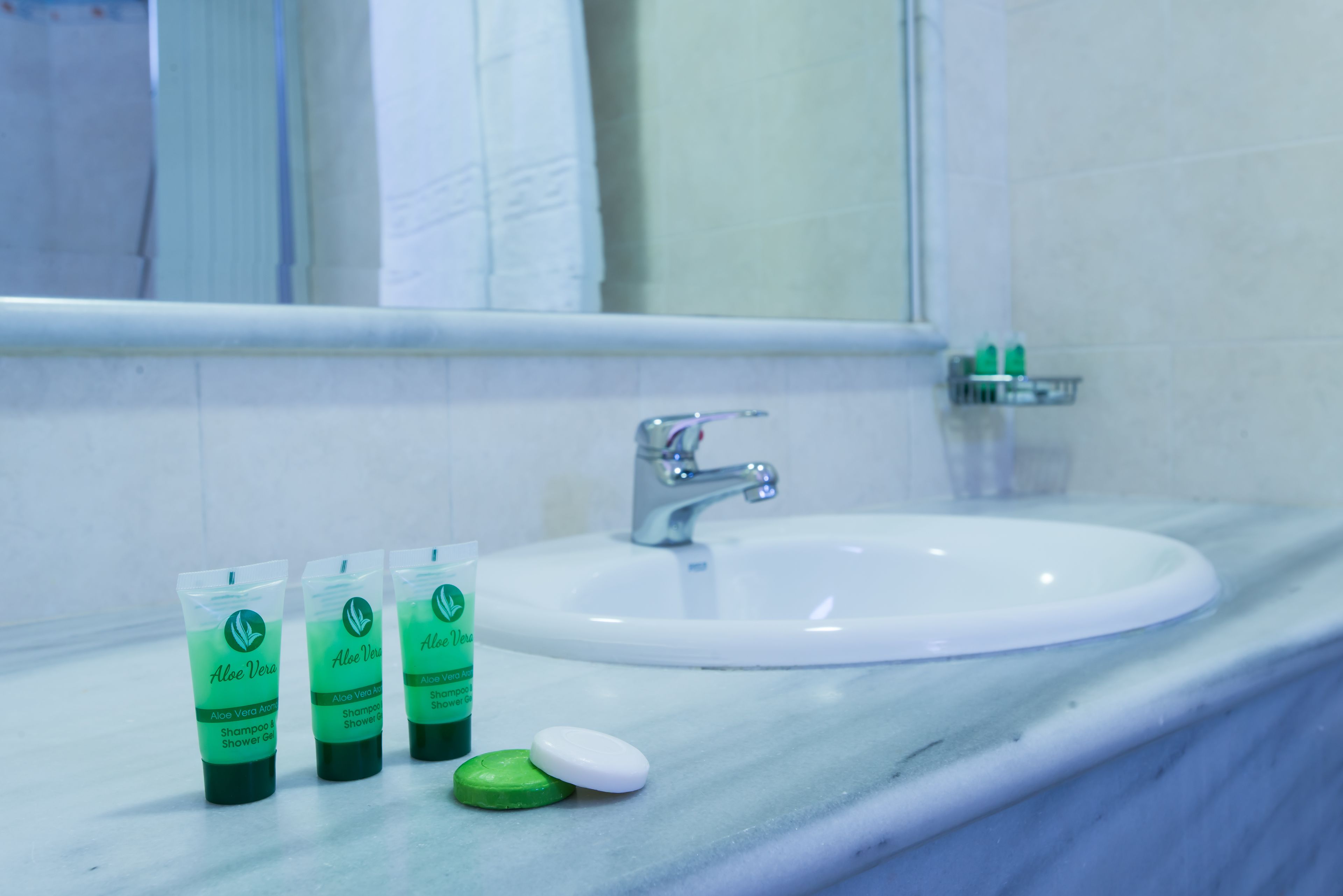Une salle de bain avec un lavabo blanc, trois bouteilles vertes de shampoing et de gel douche à l’aloe vera, et un savon blanc posé sur le comptoir en marbre.