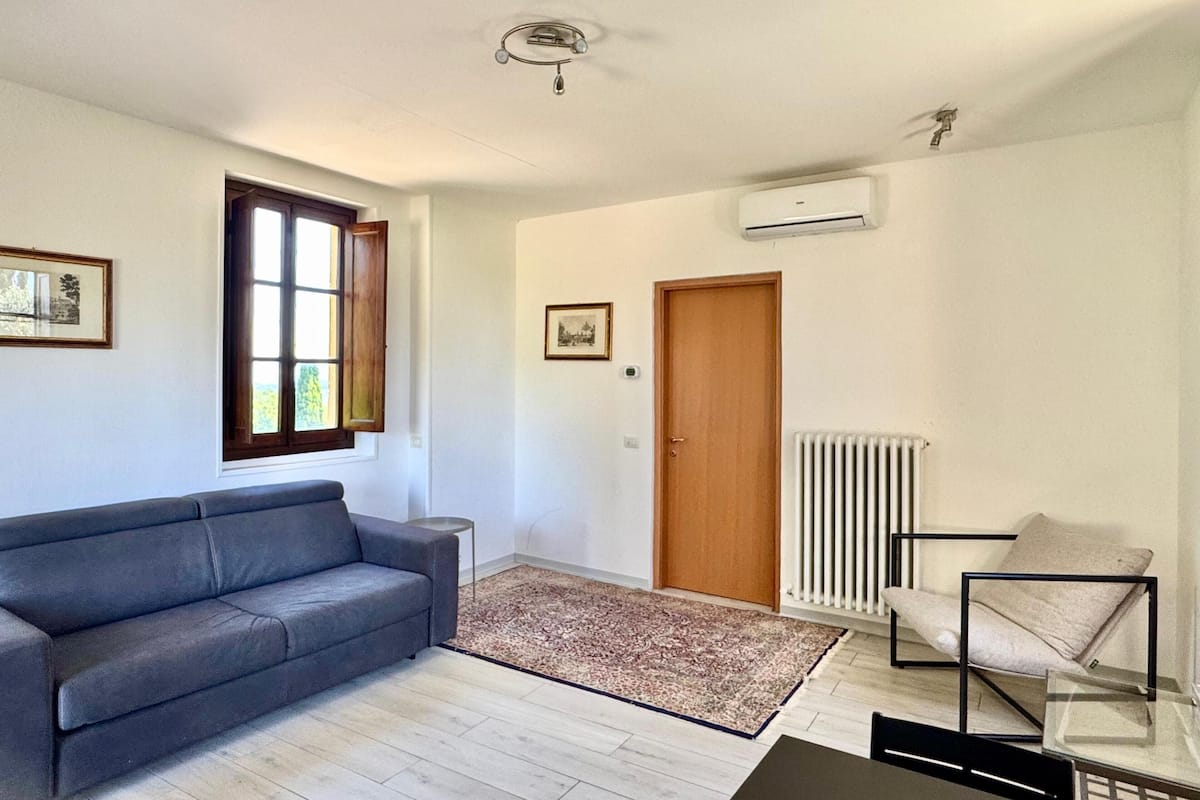 A living room with a grey sofa, a small table, a patterned rug, a radiator, and a door.