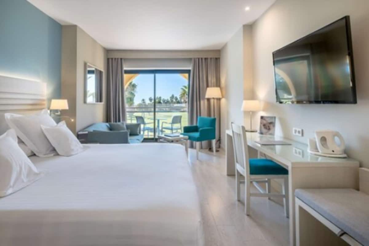 A hotel room with a large bed, a desk, a chair, a TV, and a view of the outdoors.