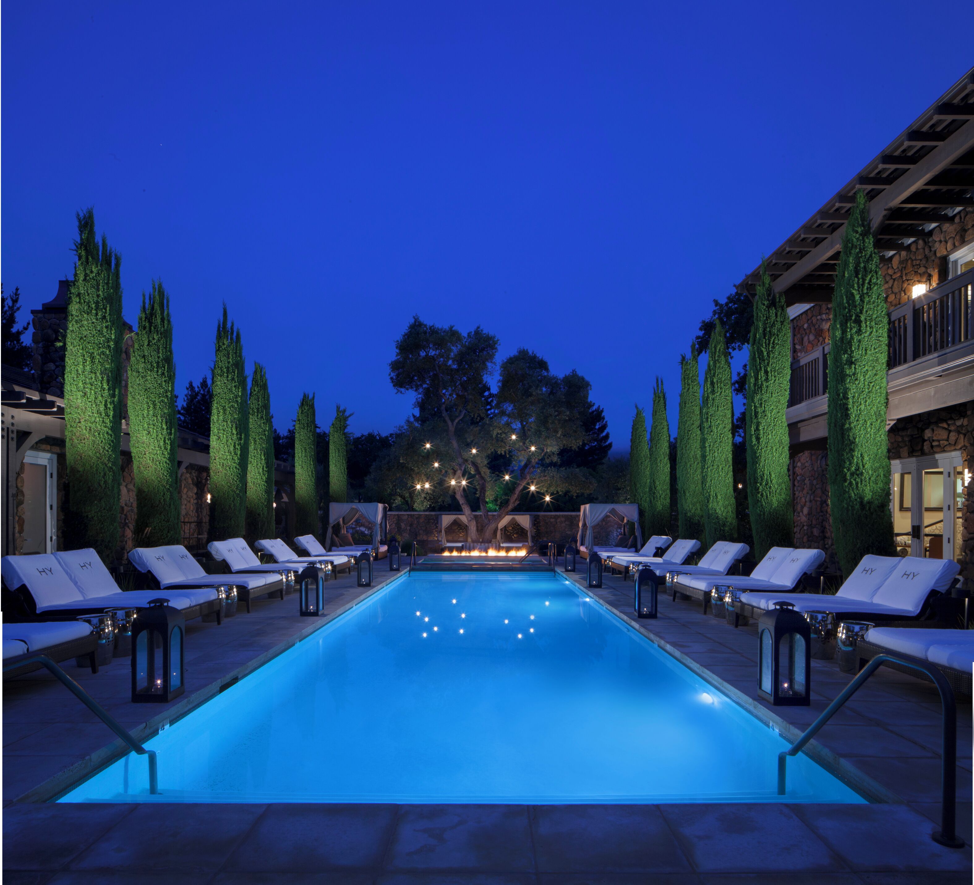 Outdoor pool, pool umbrellas, pool loungers