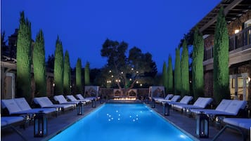 Outdoor pool, pool umbrellas, pool loungers