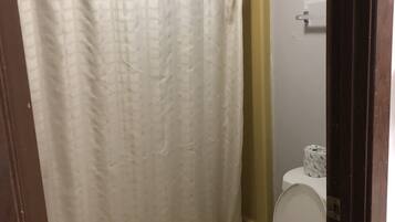 Un baño con cortina de ducha, bañera y retrete.