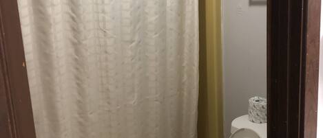 Un baño con cortina de ducha, bañera y retrete.