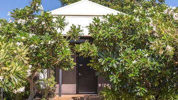 A building with a dark entrance door, surrounded by lush greenery and trees.