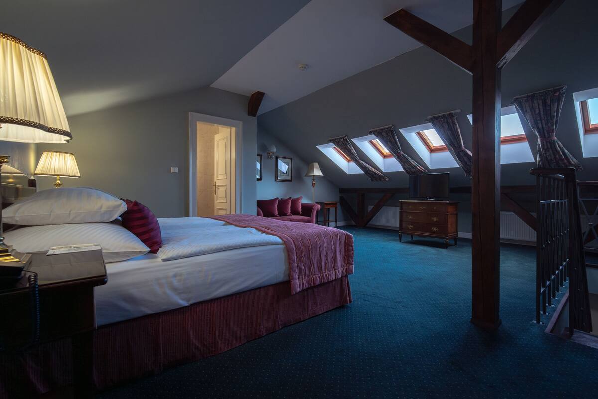 A bedroom with a large bed, a nightstand, a dresser, and skylights.