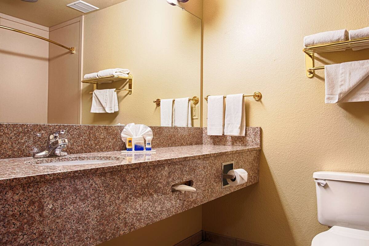 Une salle de bain dotée d’un comptoir en granit, de toilettes blanches et de plusieurs serviettes suspendues à un porte-serviettes doré.