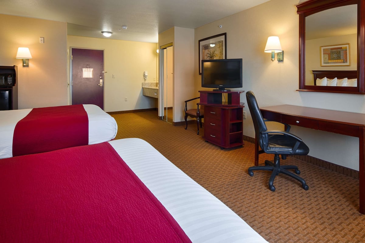 Une chambre d’hôtel avec deux lits, un bureau, une chaise, une télévision et un miroir.
