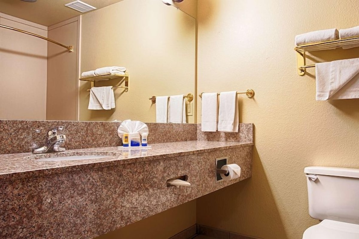 Une salle de bain avec un comptoir en granit, des toilettes blanches et plusieurs serviettes suspendues à des crochets.