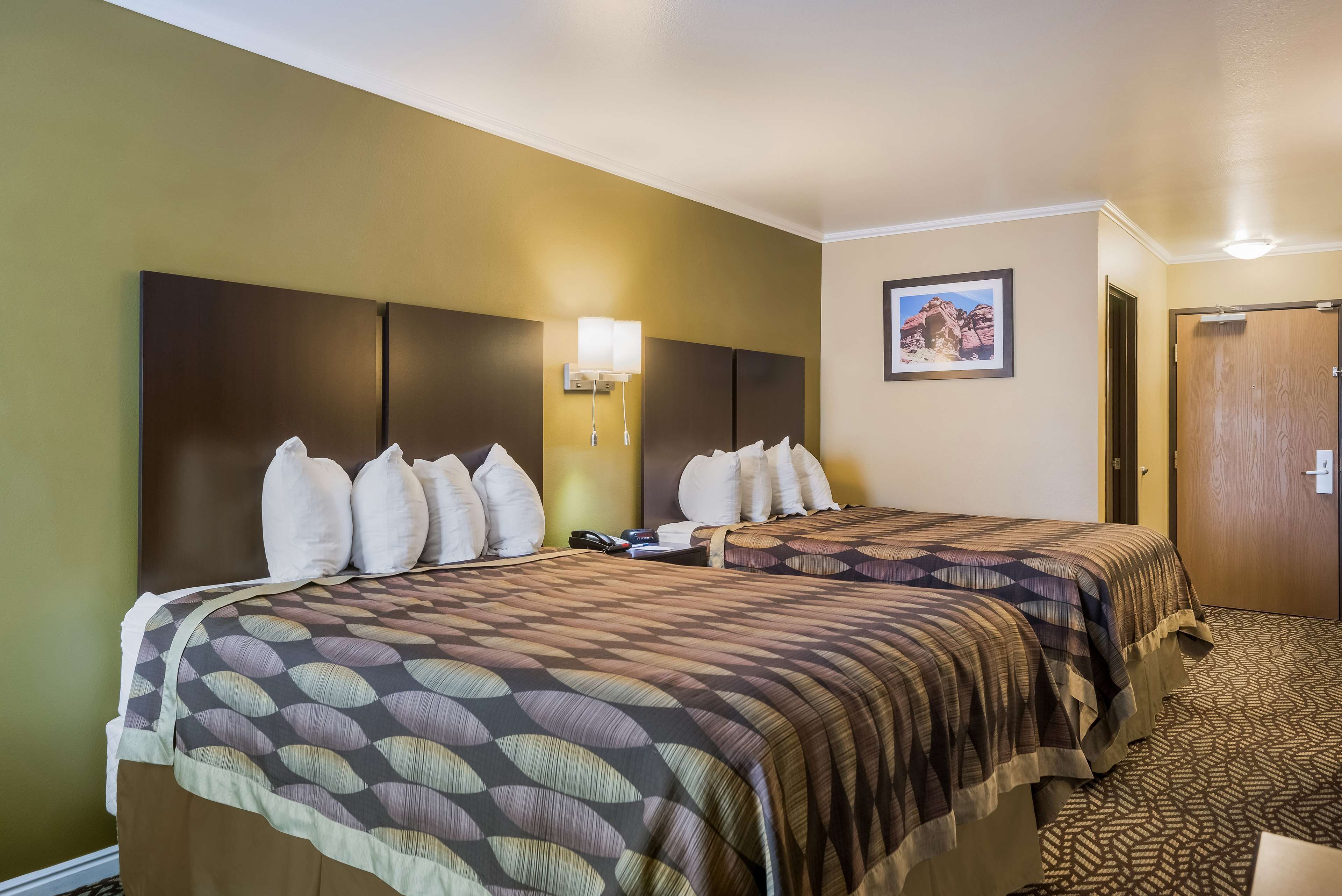 A hotel room with two beds, a headboard, a wall-mounted lamp, and a framed picture.