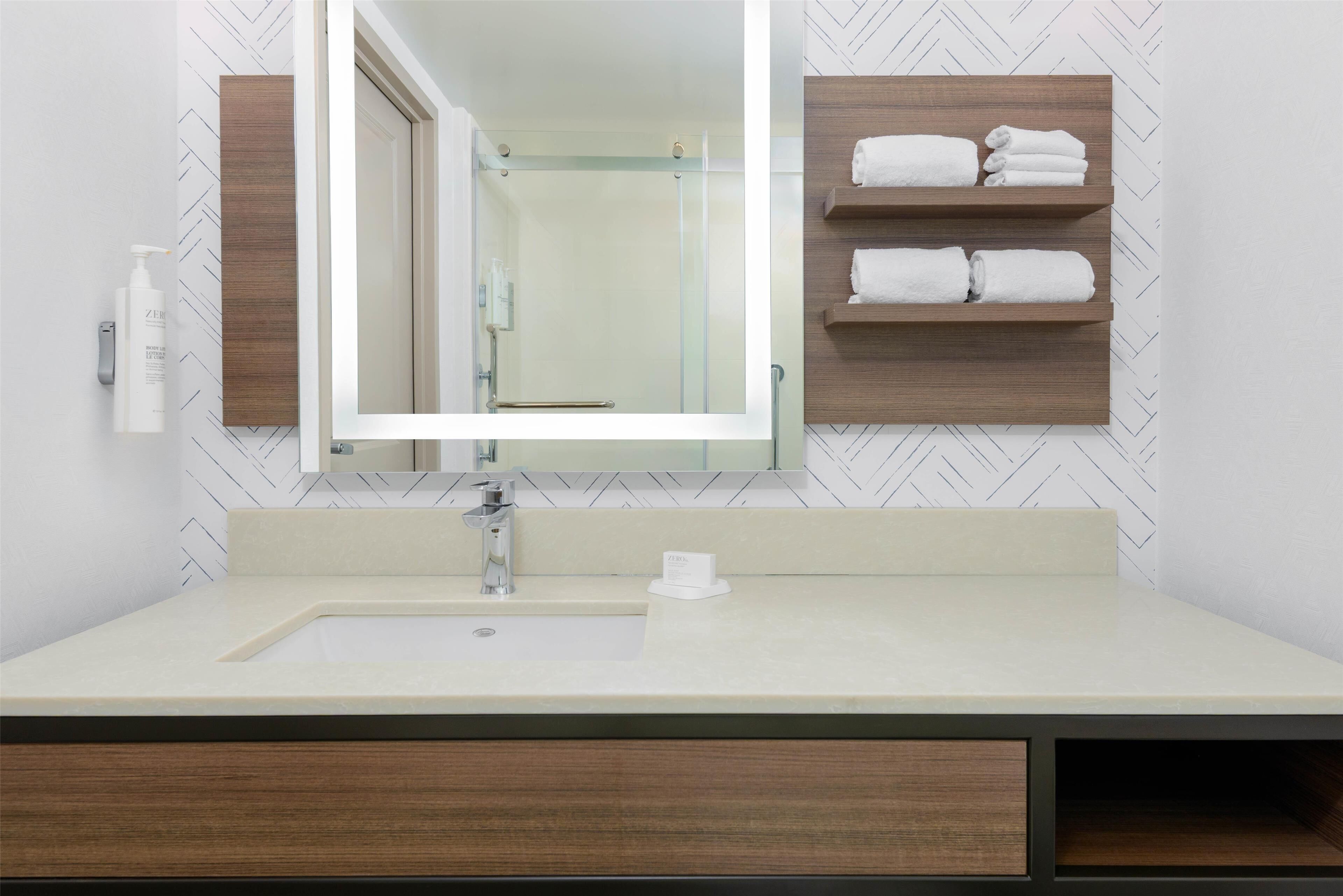 combined shower/bathtub, free toiletries, hair dryer, towels