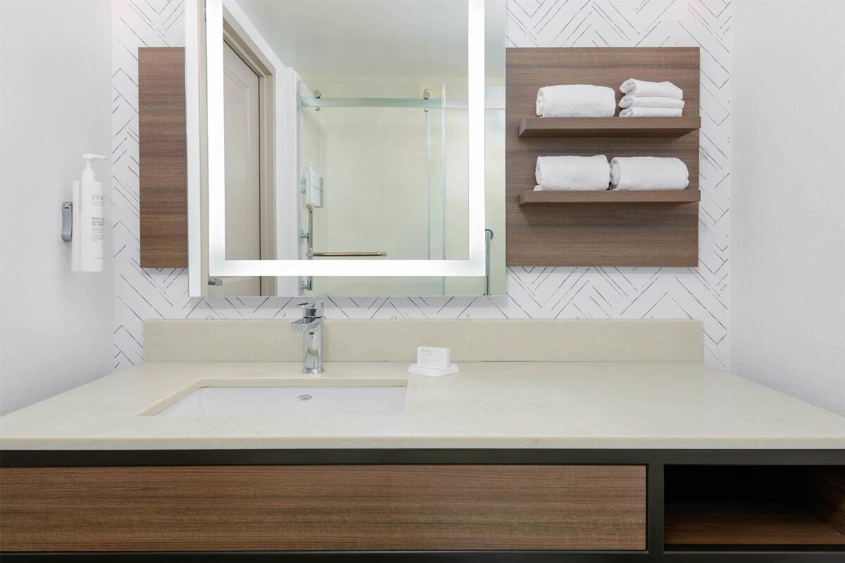 combined shower/bathtub, free toiletries, hair dryer, towels