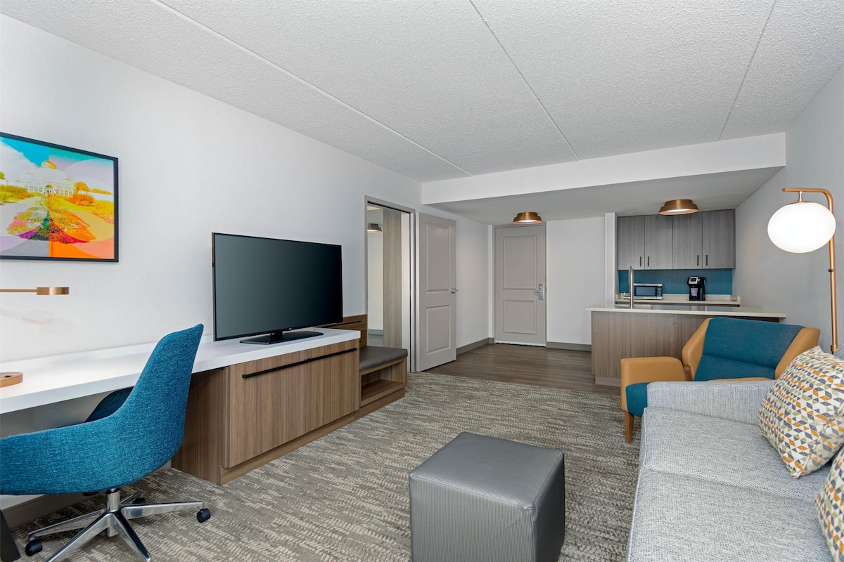 deluxe suite, 1 king bed, accessible (roll-in shower) | living area | 50-inch flat-screen tv with cable channels, tv, pay films