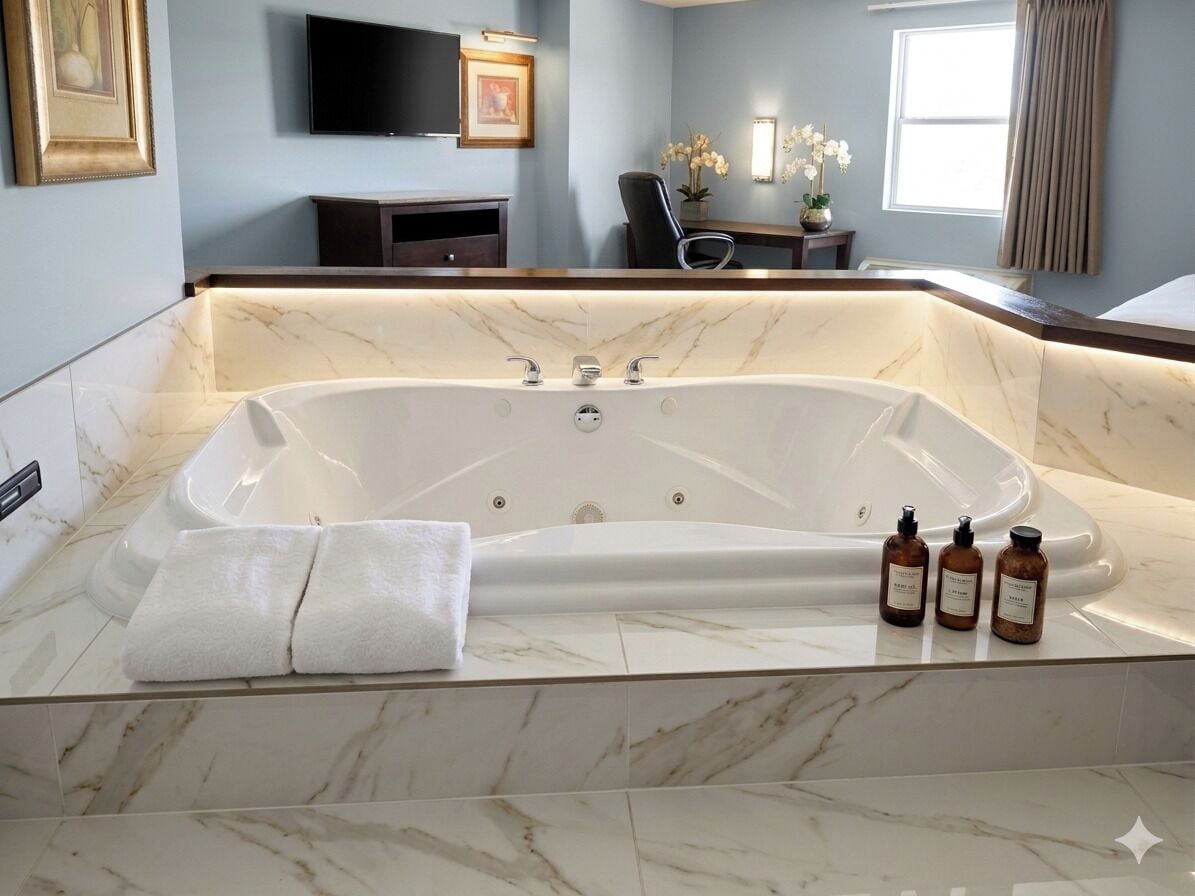 A spacious bathroom with a large marble bathtub, a vanity with a mirror, and a flat-screen TV mounted on the wall.