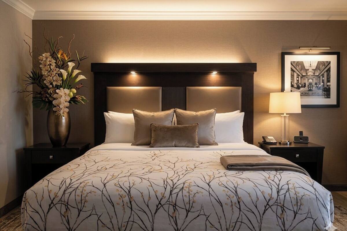 A hotel room with a large bed, a headboard with integrated lighting, a bedside table with a lamp, a framed picture on the wall, and a vase with flowers on the nightstand.