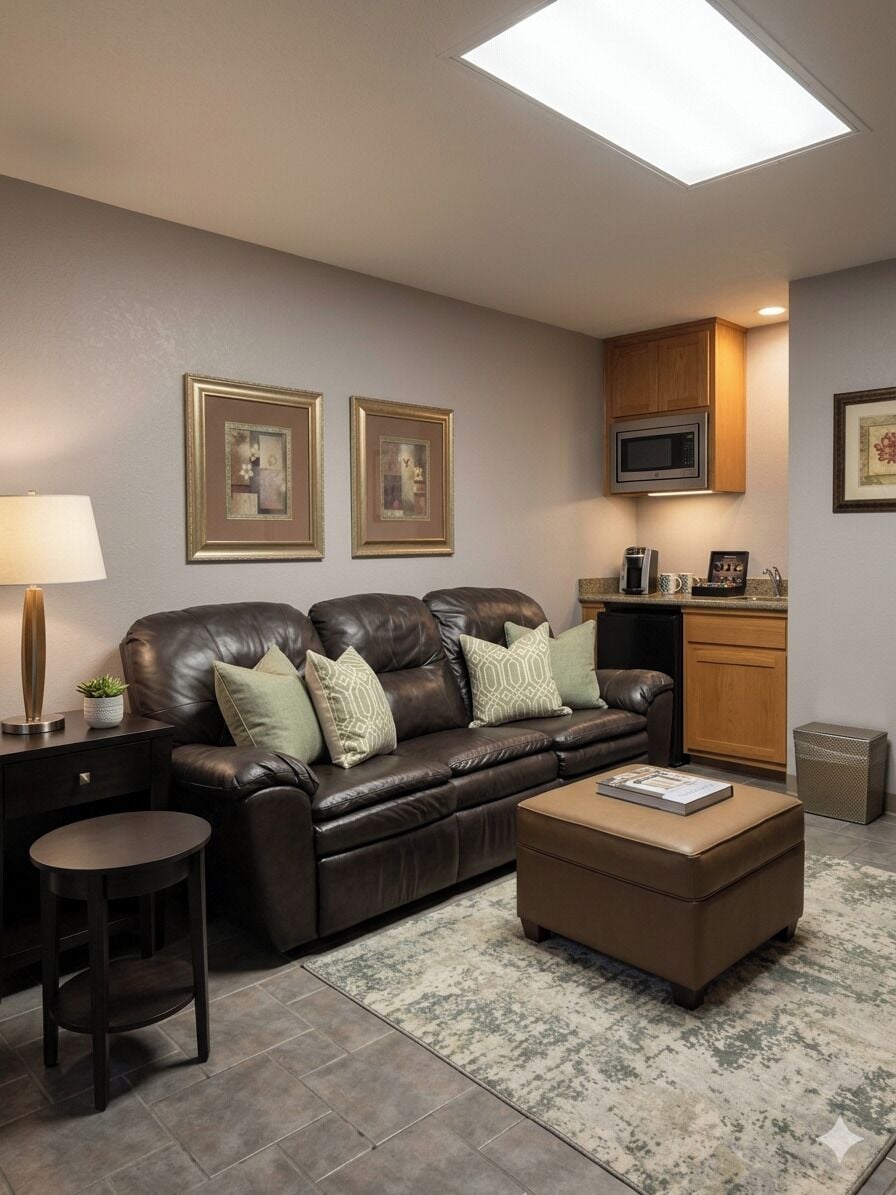 Una sala de estar con sofá de cuero, reposapiés y una mesita auxiliar con lámpara. Hay una zona de cocina con microondas y armarios.