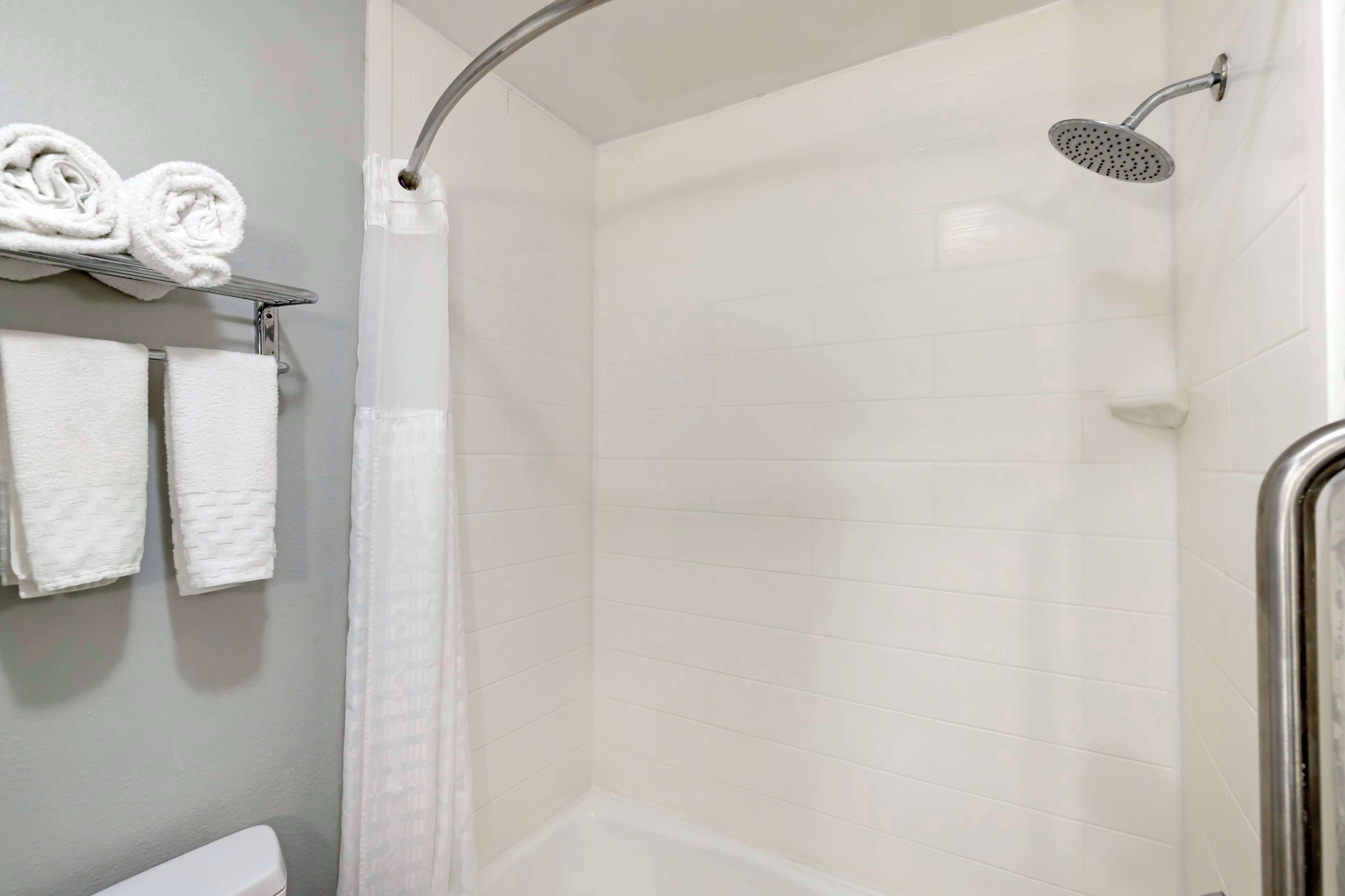 combined shower/bathtub, free toiletries, hair dryer, towels