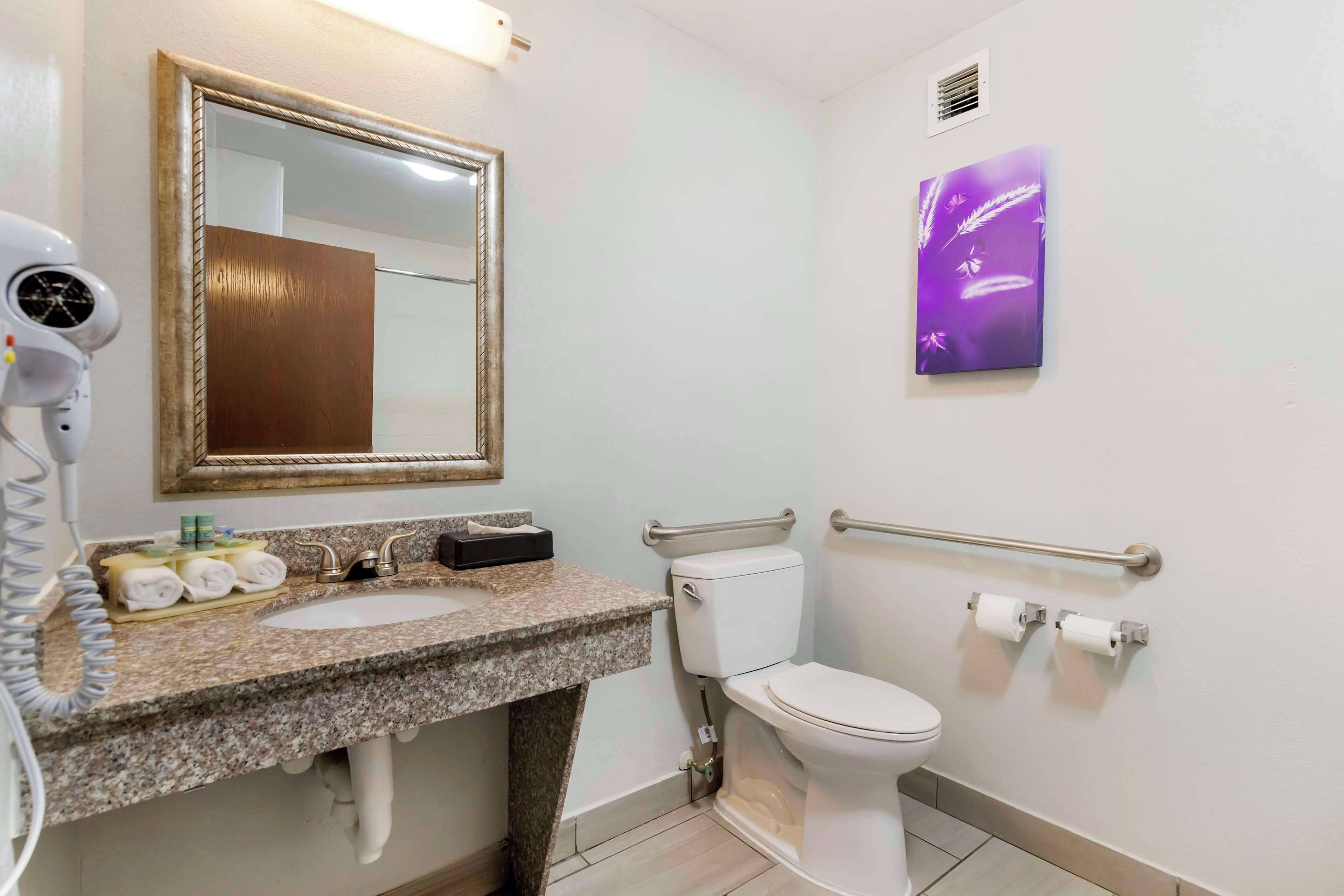 combined shower/bathtub, free toiletries, hair dryer, towels