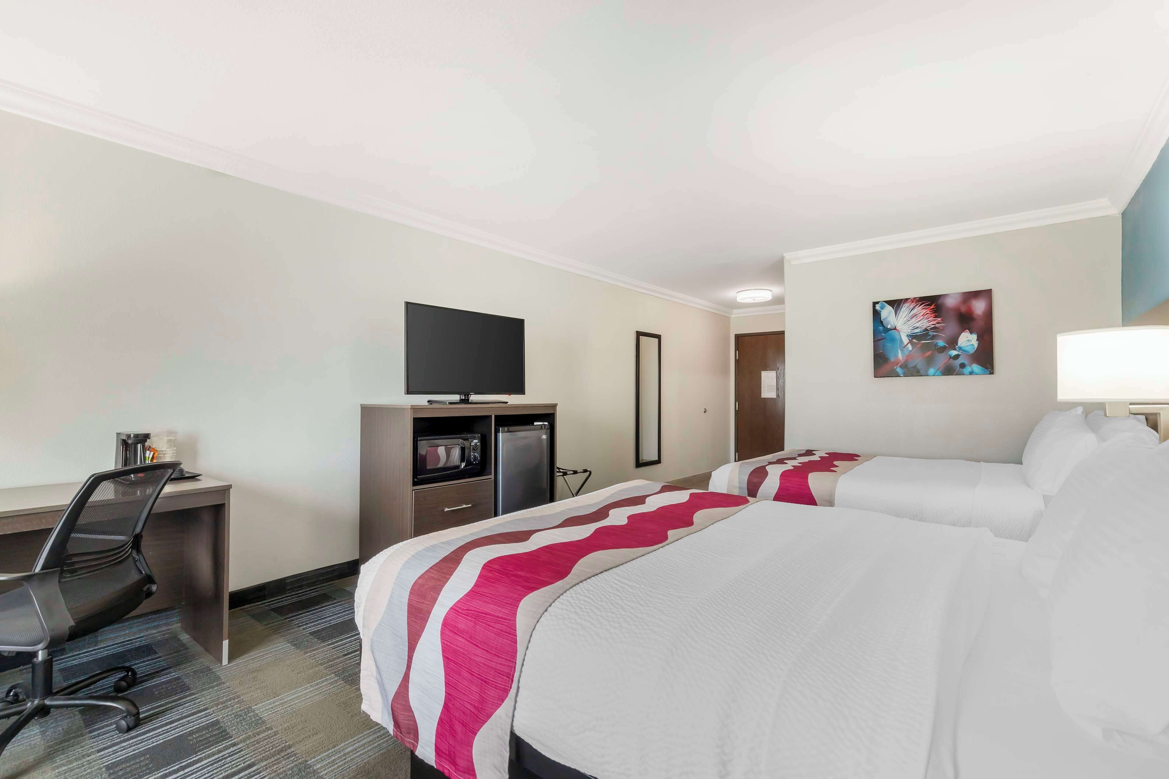 Une chambre d’hôtel avec deux lits, un bureau avec une chaise, une télévision, un four à micro-ondes et un tableau au mur.