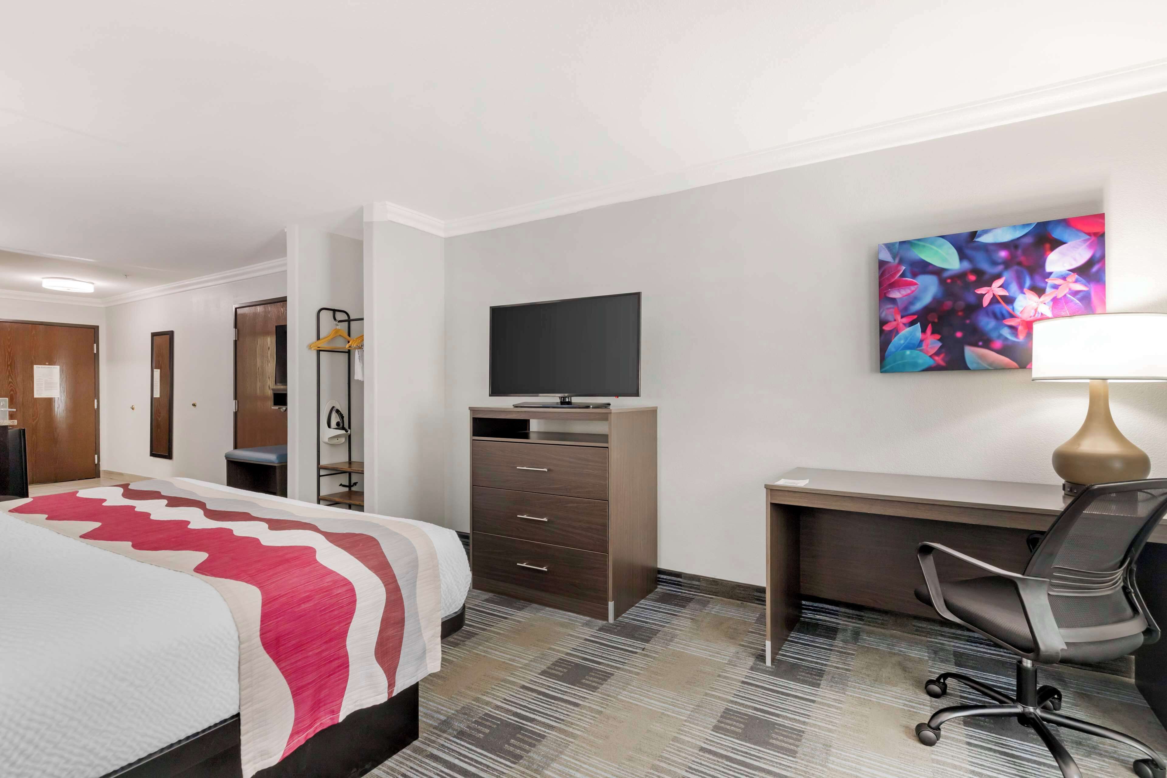 Habitación de hotel con cama, escritorio, silla, televisión y una obra de arte colorida en la pared.