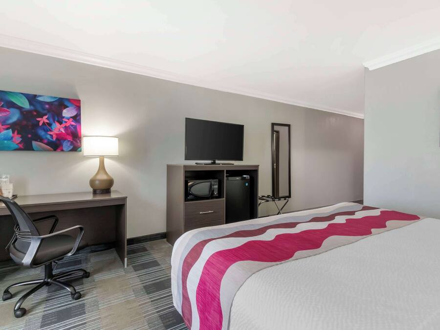 Una habitación de hotel con cama, un escritorio con silla, televisión y obras de arte en las paredes.