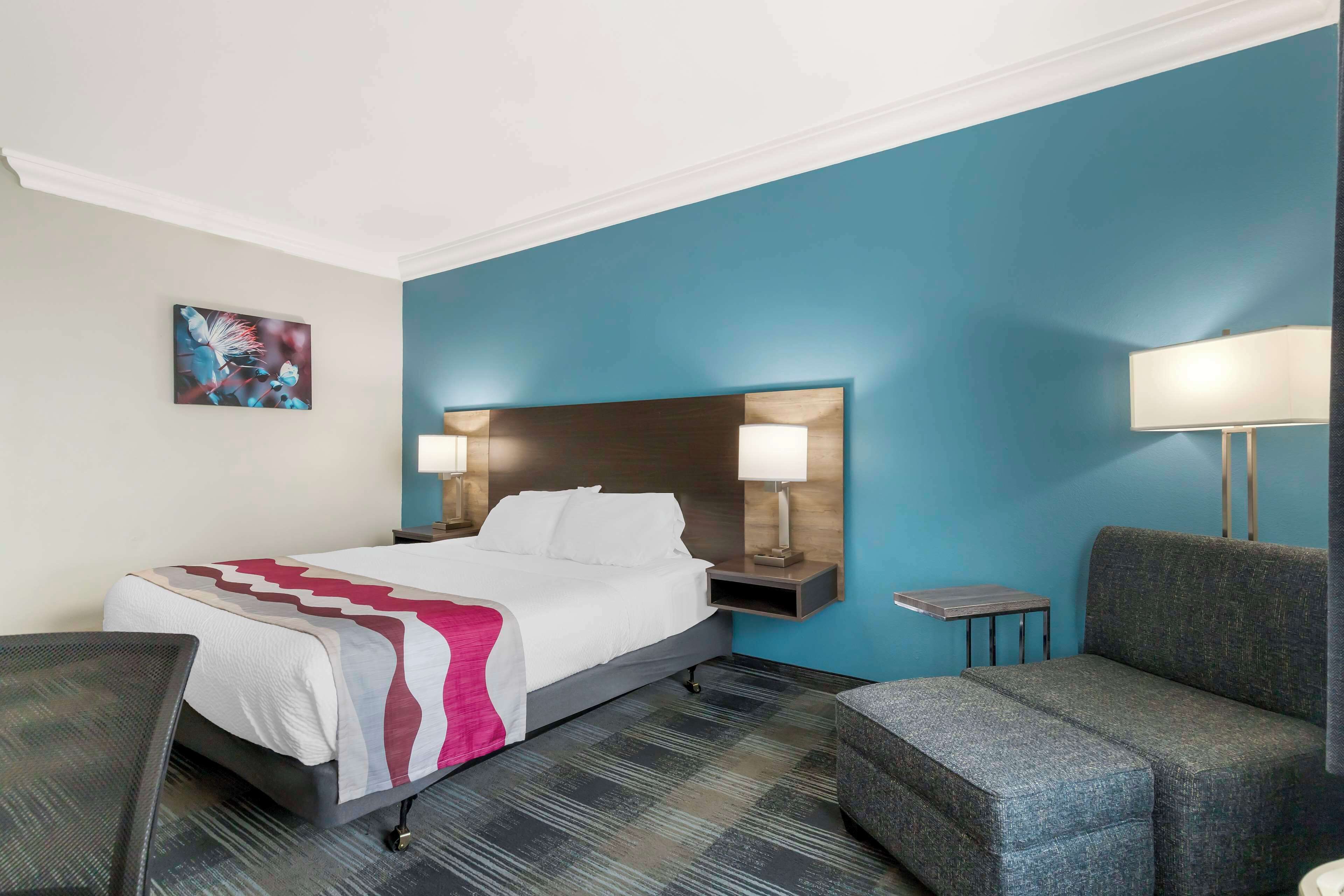 Una habitación de hotel con cama, sofá, una mesita y una mesita de noche con lámparas.