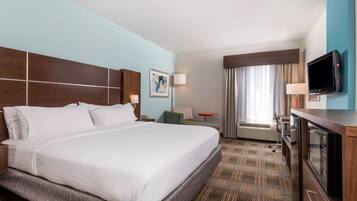 Desk, laptop workspace, blackout curtains, iron/ironing board