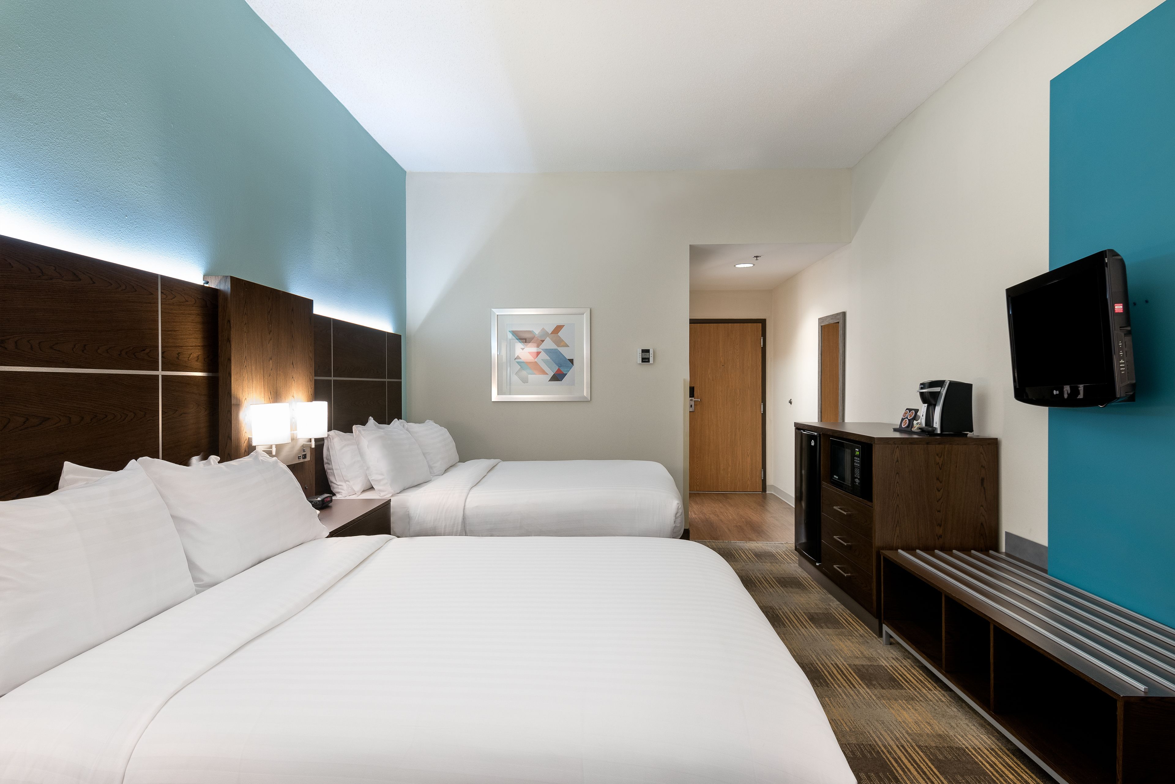 Desk, laptop workspace, blackout curtains, iron/ironing board