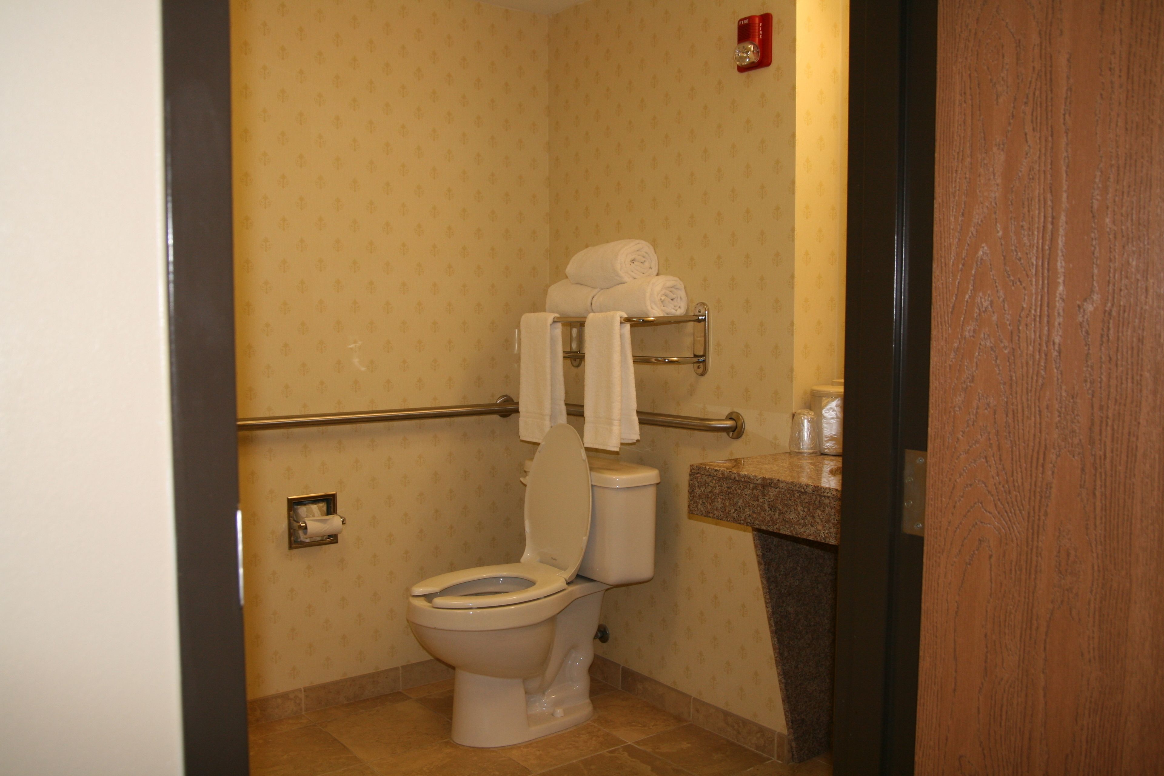 desk, laptop workspace, blackout curtains, iron/ironing board