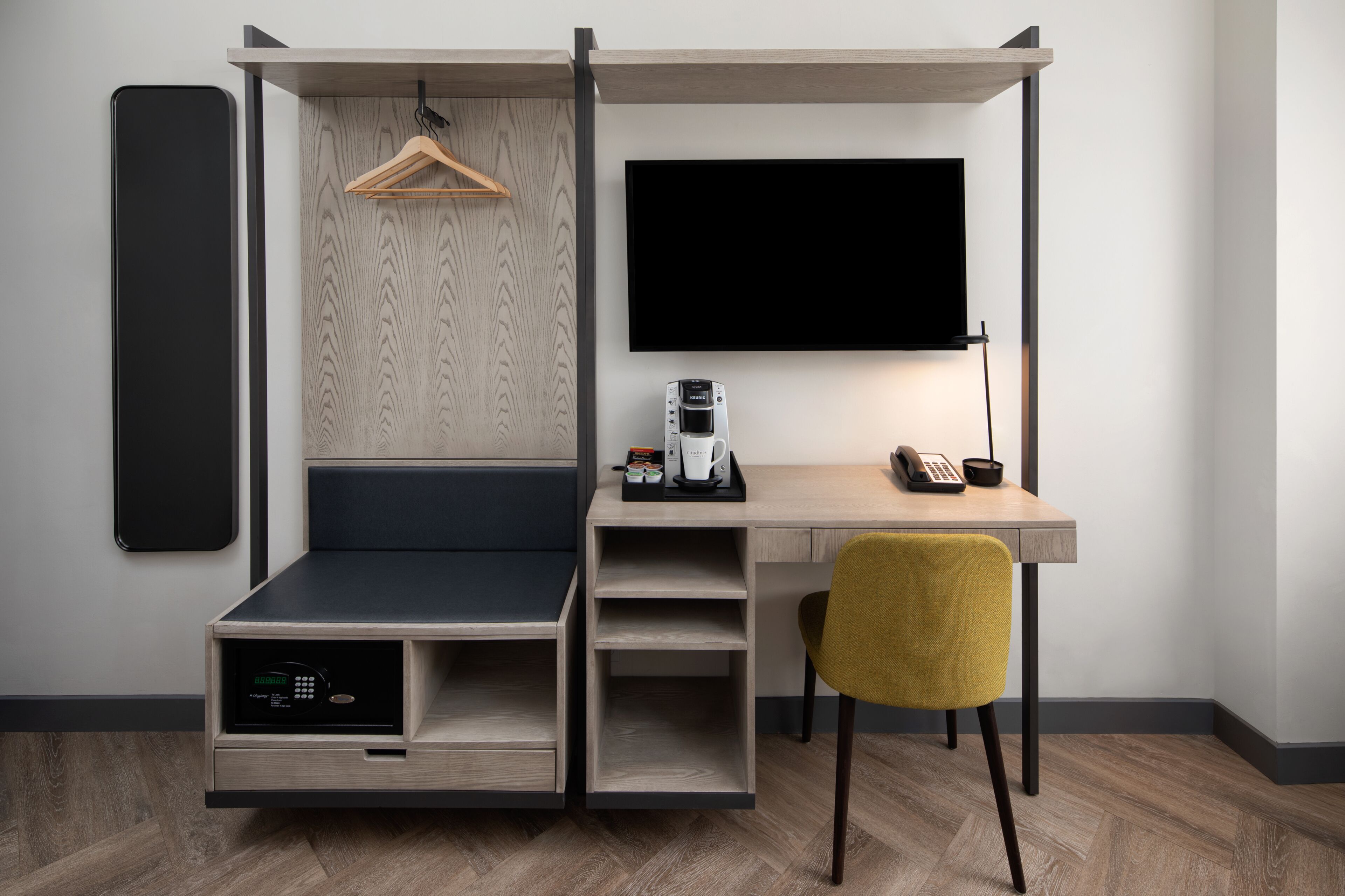 Hypo-allergenic bedding, down comforters, in-room safe