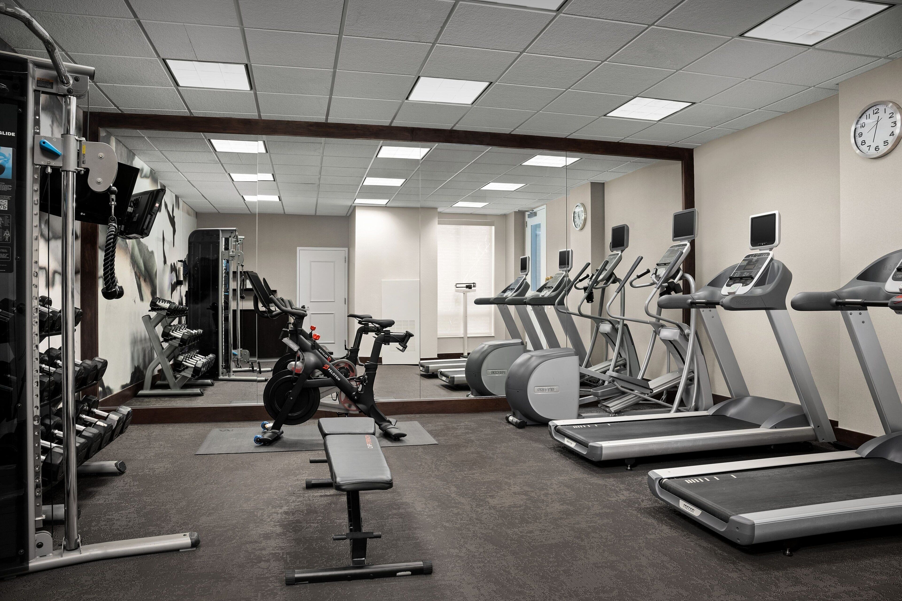 Uma academia com esteiras, equipamentos elípticos e aparelhos de musculação.