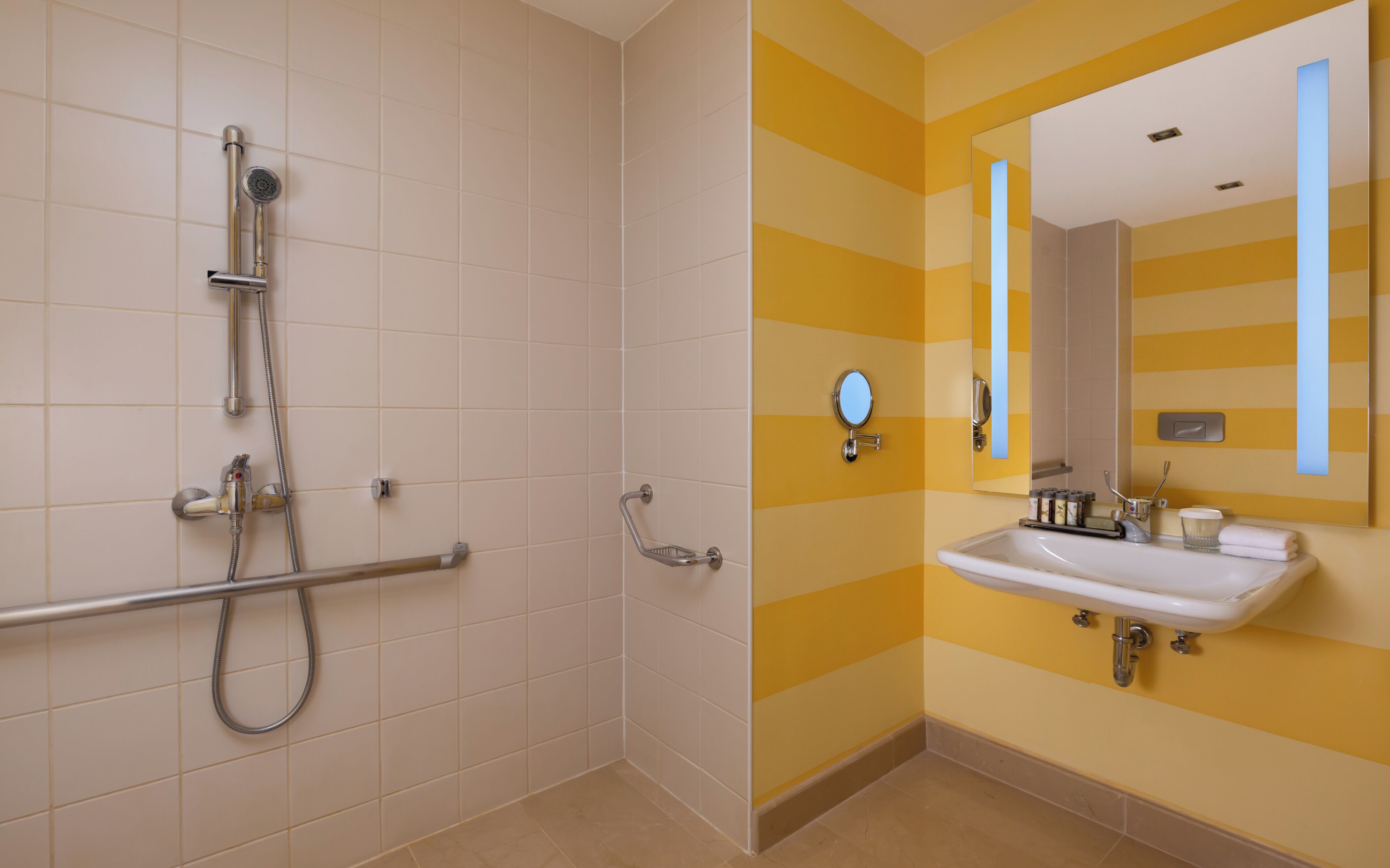 A bathroom with a shower, a handrail, a sink, and a mirror.