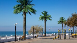 A coastal promenade with palm trees, benches, and exercise equipment. - Renaissance by Sulo (Aktau)