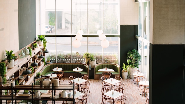 A restaurant with a modern interior, featuring green booths, wooden tables, and hanging pendant lights.