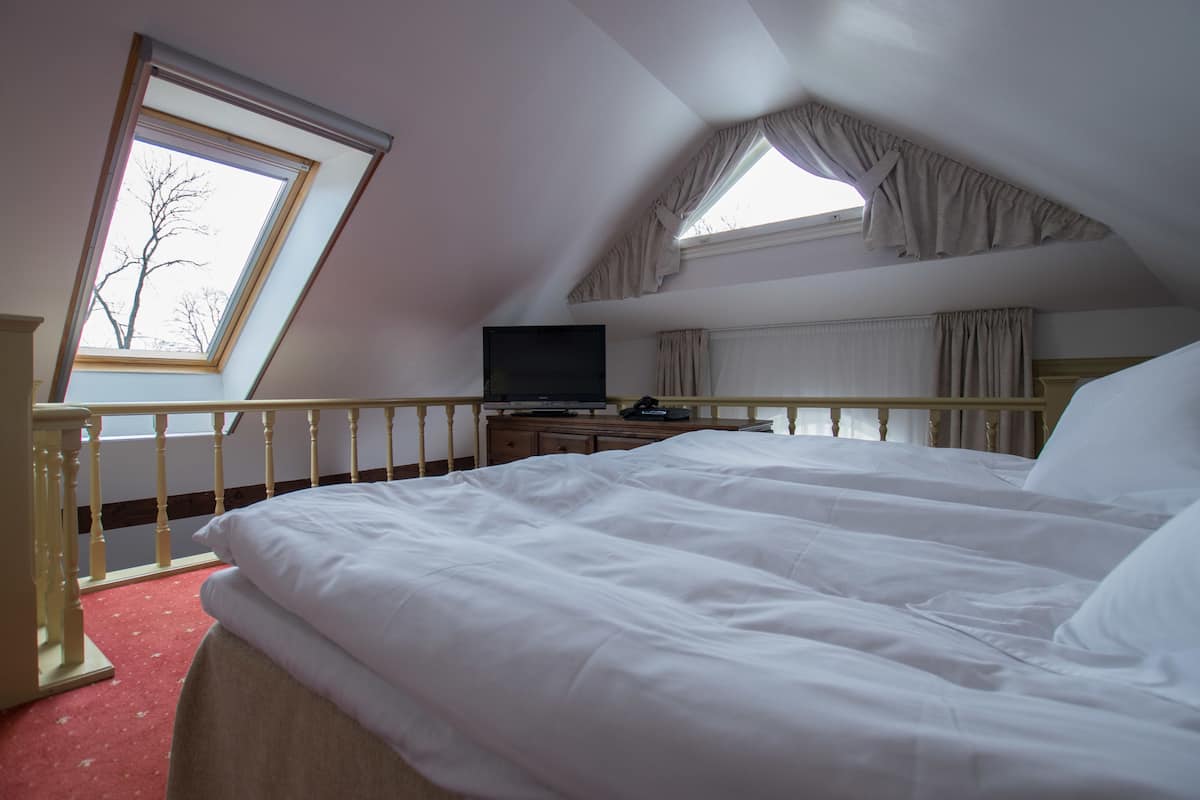 A bedroom with a large bed, a TV, a dresser, and a window with curtains.