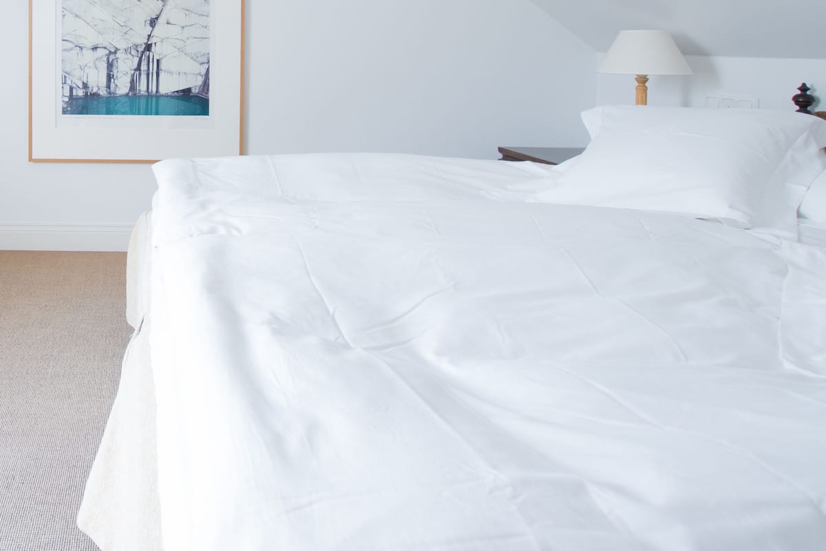 A neatly made bed in a room with a framed picture on the wall, a bedside table with a lamp, and a carpeted floor.