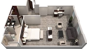 A 3D floor plan of a hotel room with a bed, a desk, a sofa, a small table, a chair, a bathroom, and a closet.