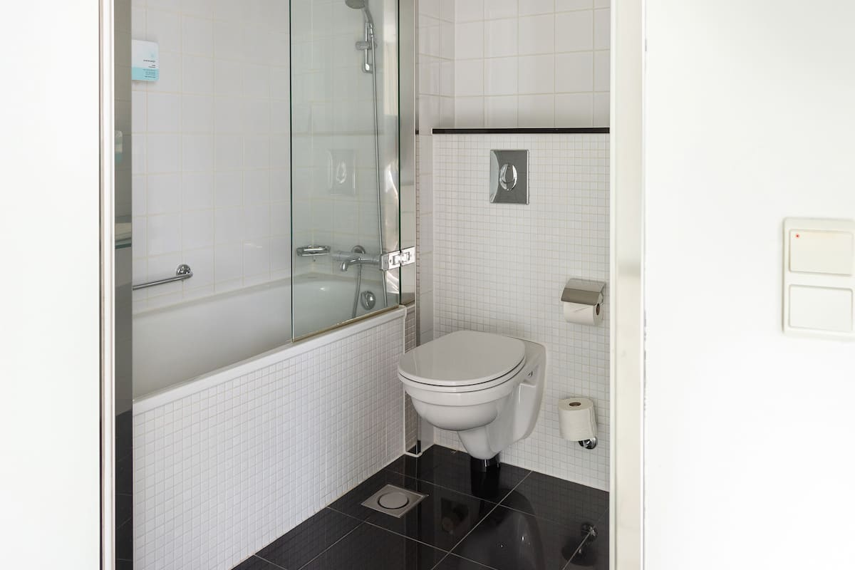 bathtub, free toiletries, hair dryer, towels