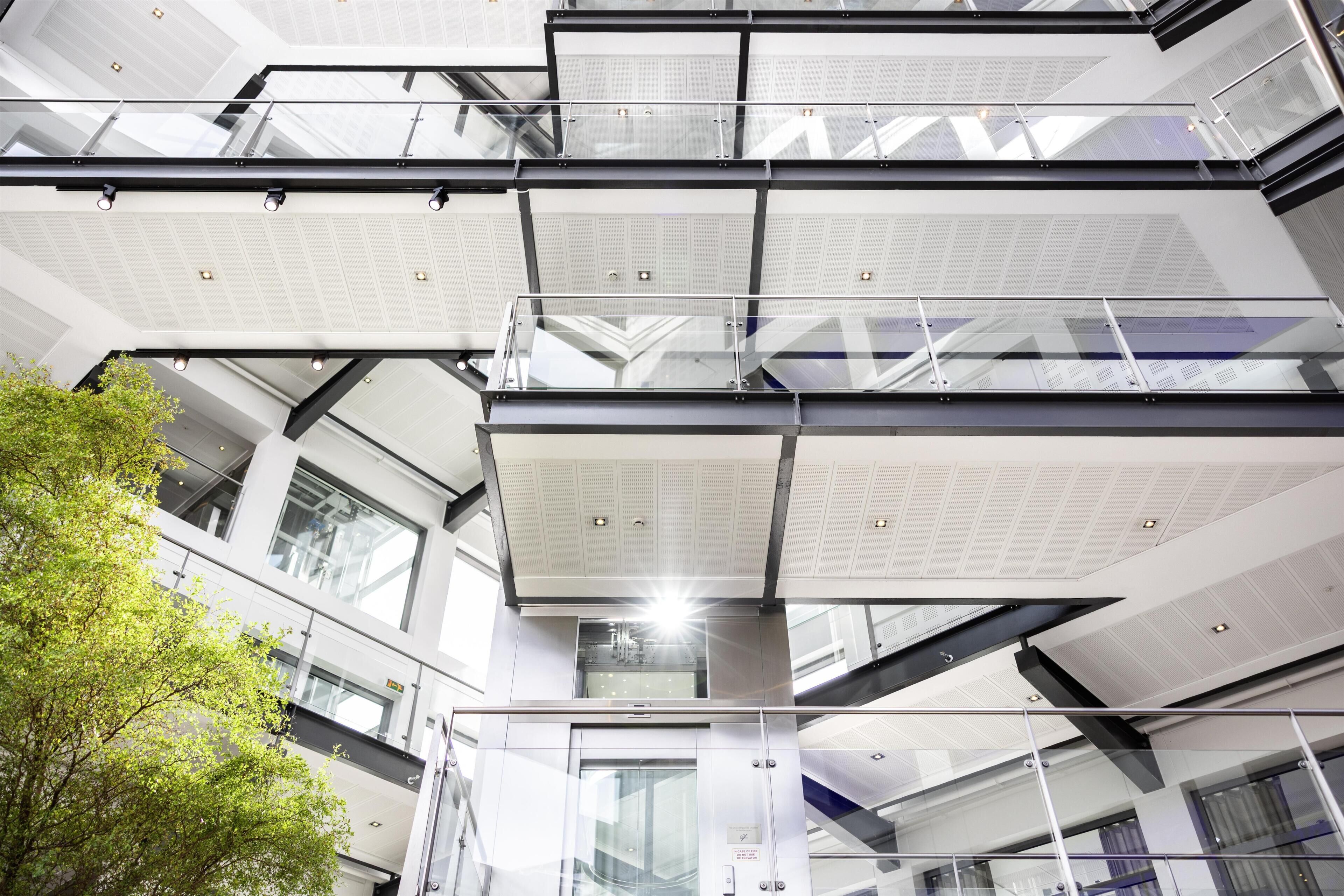A multi-level atrium with glass railings, a central elevator, and a tree visible on the left.