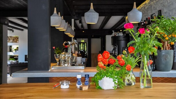 A bar area with hanging pendant lights, a wooden counter, and potted plants with red flowers. - Hotel Bieze (Borger)