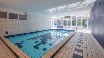 Indoor pool, open 8:00 AM to 10:00 PM, sun loungers