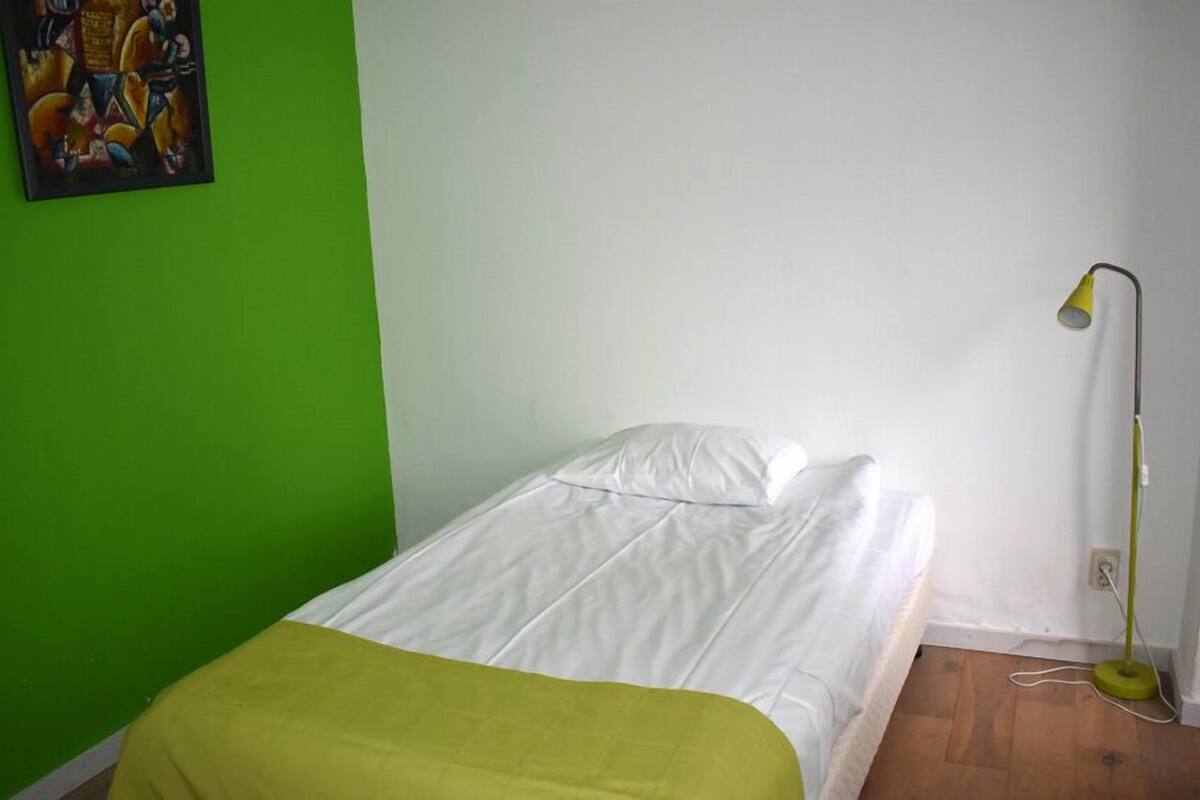 Une petite chambre avec un lit simple, un mur vert, un lit blanc et une lampe sur pied.