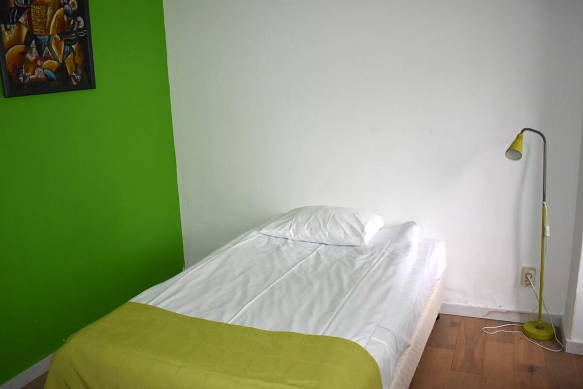 Une petite chambre avec un lit simple, un mur vert, un lit blanc et une lampe sur pied.